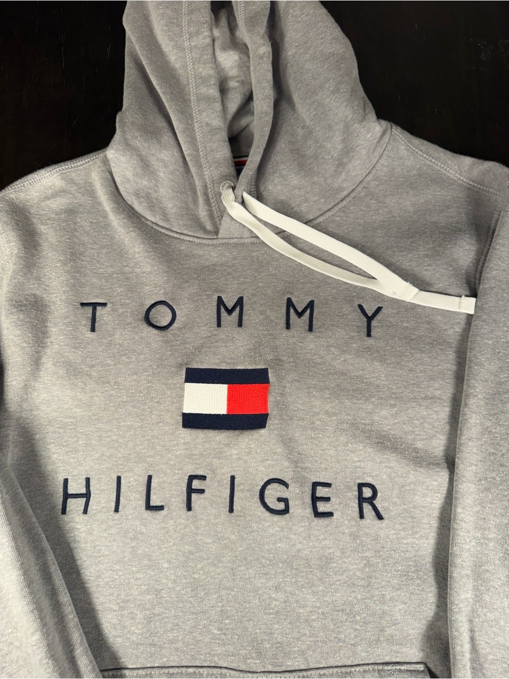 Tommy Hilfiger Men's M Gray Pullover Hoodie Big Logo Fleece Sweatshirt
